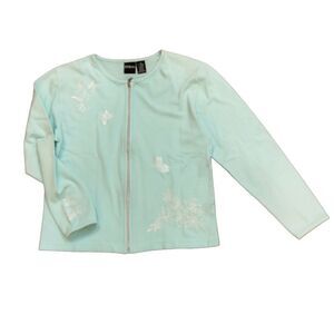 Erika MEDIUM Light Turquoise Embroidered Zippered Cotton Cardigan NWOT